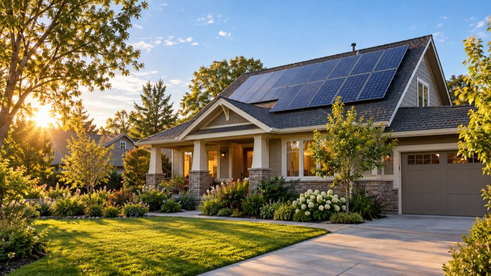 Family home with rooftop solar panels in warm sunlight