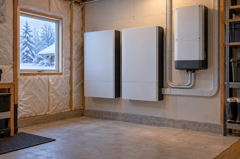 Home solar batteries installed in an insulated utility room during winter