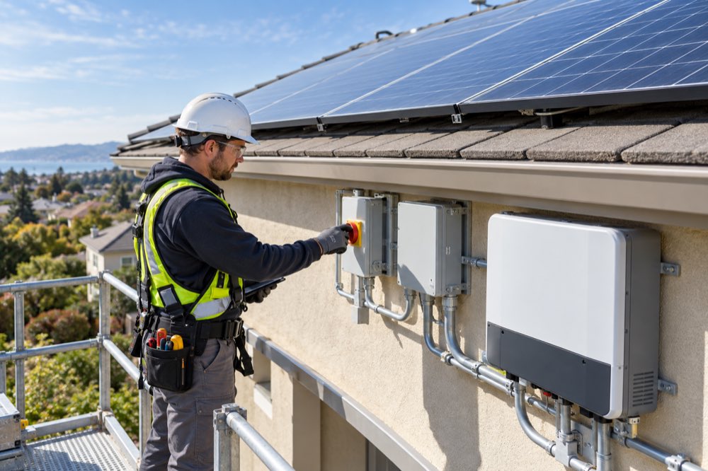 Qualified electrician inspecting solar rapid shutdown equipment